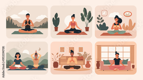 A serene, minimalist illustration depicting a woman in a meditative pose. Ideal for wellness content, mindfulness apps, or representing inner peace an