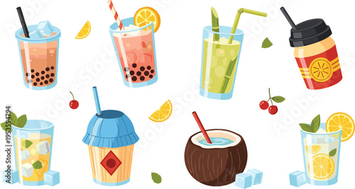 Refreshing Summer Drinks Set with Bubble Tea Lemonade Mojito Coconut Juice and Iced Beverages Collection for Tropical Menu and Beverage Illustration