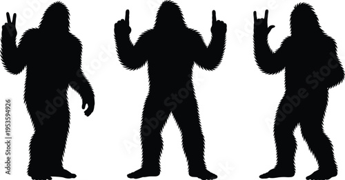 Bigfoot silhouettes with hand gestures isolated black sasquatch vector illustration set