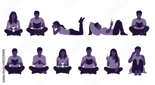 People reading book and drinking coffee or tea, students studying literature