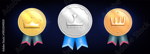 Set of game winner trophy badges with crown emblem and ribbon isolated on black background. Vector realistic illustration of golden, silver, bronze medals, competition awards, product quality signs