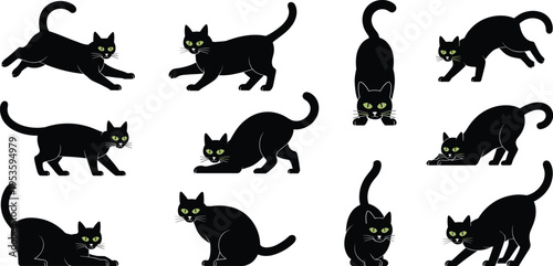 Black cat silhouette set with green eyes playful poses Halloween feline vector illustration collection isolated