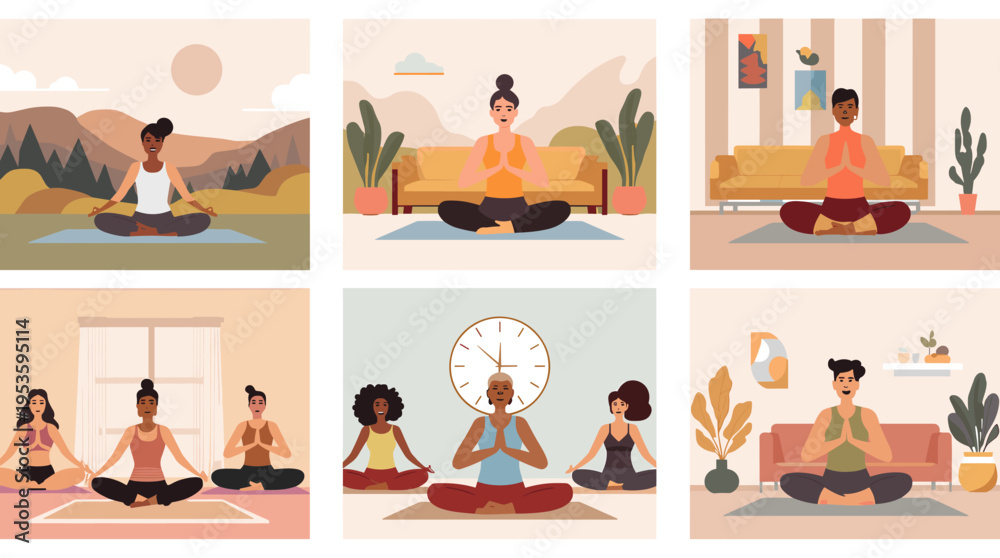 Fototapeta premium A minimalist illustration depicting a woman in a meditative pose, ideal for wellness content, mindfulness campaigns, or representing calm and inner pe