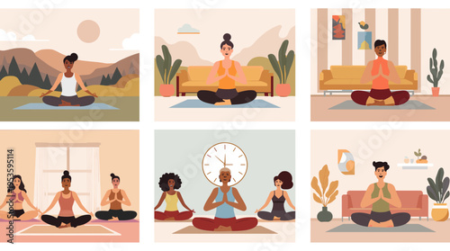 A minimalist illustration depicting a woman in a meditative pose, ideal for wellness content, mindfulness campaigns, or representing calm and inner pe