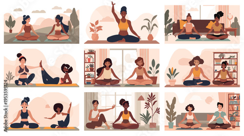 This illustration depicts a woman in a meditative pose, promoting a sense of calm and wellbeing. Perfect for content on wellness, mindfulness, or ment