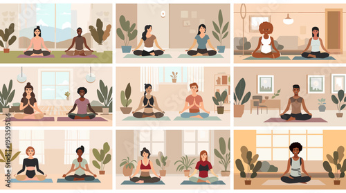 A serene illustration of a woman meditating with her cat, evoking calmness and well-being. Ideal for content related to mindfulness, pet companionship