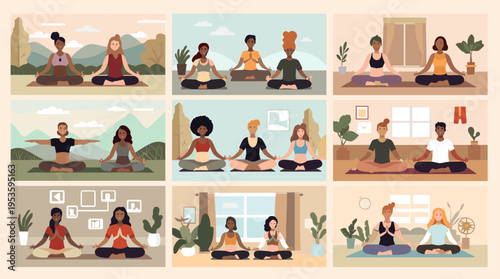 A peaceful illustration of a woman in a meditative pose near a houseplant. Ideal for wellness content, mindfulness apps, or articles promoting relaxat