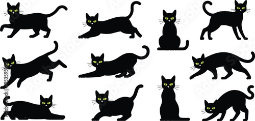 Black cat silhouettes with green eyes set playful poses Halloween feline pet vector illustration collection
