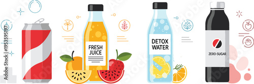 Soft Drinks and Fresh Juice Beverage Set Featuring Soda Can Detox Water Fruit Juice Bottles and Refreshing Summer Drinks Illustration