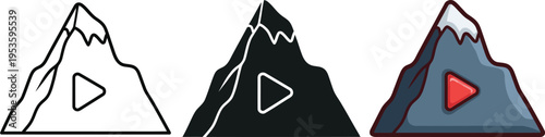 Mountain video play button icons in different styles on white background
