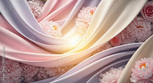 Elegant floral frame with pink roses, white peonies, and purple blossoms on a soft white background, perfect for invitations or greetings.Elegant Women's Day background with flowing pastel fabric, che