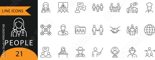 People and Professions Line Icons Set - Teamwork, Communication and Human Resources.

