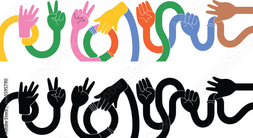 Colorful and black hand gesture typography set forming abstract alphabet shapes for creative sign language concept
