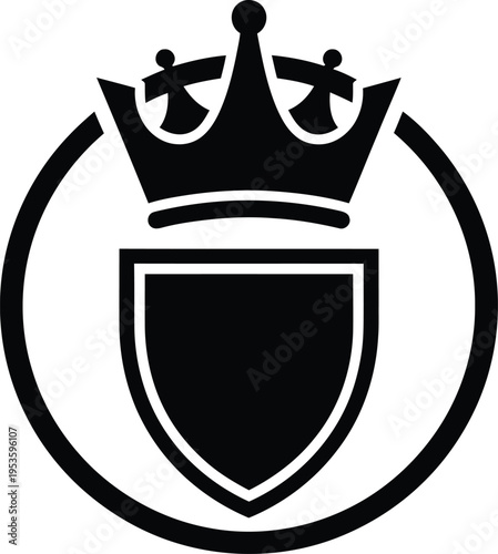 A vector art illustration of a crown above a shield enclosed in a circle