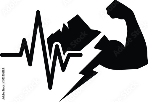 A muscular man flexing his arm with a heartbeat line and lightning bolt forming a Vector art style illustration of strength and energy.