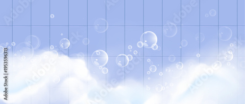 Bathroom tile wall with steam and foam bubbles floating in air, realistic vector background. Fresh clean interior backdrop for soap or shampoo product displays with sparkling water drops