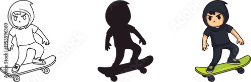 Cartoon boy in different styles riding skateboard on white background