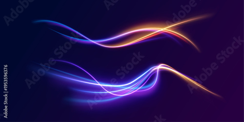 Twisting light wave glows with vibrant colors, forming dynamic curves and soft particle trails. Subtle blur enhances movement. The effect appears vivid and futuristic.