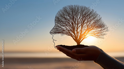 Hands holding a head silhouette with a tree of life growing inside, mental health and growth concept, nature and psychology symbolism, with copy space