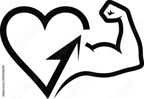 A bold vector art illustration of a heart with a flexed arm and lightning bolt, creating a dynamic and powerful symbol.