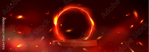 Round podium with fiery ring, glowing flames and sparks, realistic vector background. Dynamic portal effect with smoke clouds and radiant red orange fire energy bursts, burning circular frame