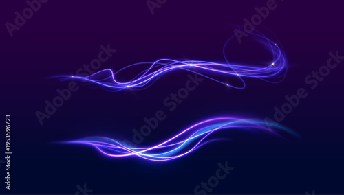 Fluid neon line bends smoothly, creating a glowing wave with soft gradients and motion blur effects. Energy dots scatter around the curve. The design appears futuristic.