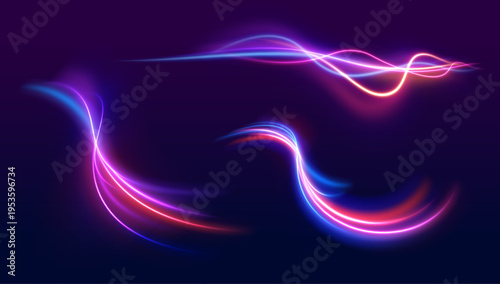 Vibrant neon swirl twists through darkness, creating luminous trails with smooth motion blur lines. Energy particles pulse along the path. The composition feels modern and dynamic.