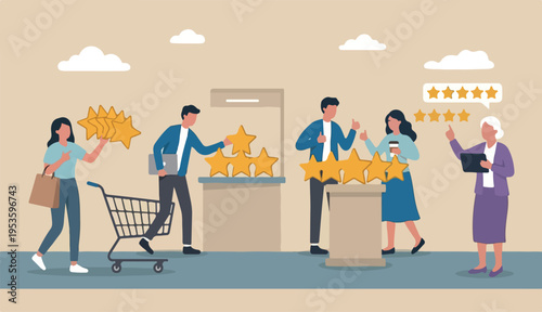 Customer loyalty, consumer satisfaction giving 5 stars rating feedback, best user to experience trust use service again concept, various customer or people giving 5 stars review for quality service.