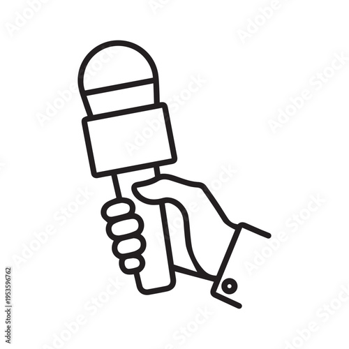 Hand holding microphone line icon. Microphone for news, broadcasting live news, illustration
