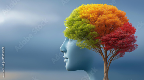Colorful tree growing from a human mind illustration, mental health and positive thinking concept, personal development and self-esteem, creative brain visualization, with copy space