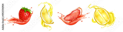 Fresh fruit juice splash with realistic slices, flowing stream, flying drops, set of 3d vector illustrations isolated on white background. Vibrant design elements for tropical drink labels, packaging
