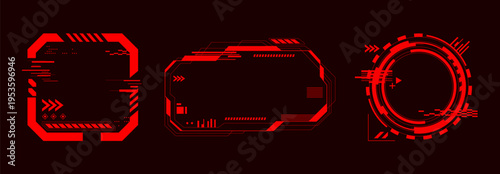 High tech hud interface with glowing red alert frames and futuristic holographic elements, abstract vector icons isolated on black background. Game ui design and cyber punk digital displays