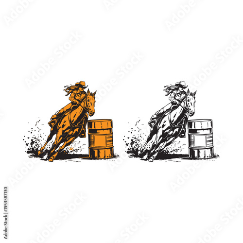Obraz na plátně Cowgirl Barrel Racing Horse Illustration - Dynamic Western Rodeo Vector