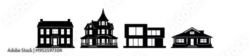 Four house silhouettes showing different architectural styles including classic, victorian, modern, and ranch