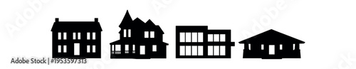 House building silhouette icon set. Residential home, villa, suburban architecture types. Black flat vector illustration.