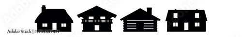House silhouette icon set. Cottage, cabin, log house, home building types. Black flat vector illustration.