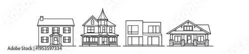 Four residential house facades in outline line art showing different architectural styles flat vector illustration