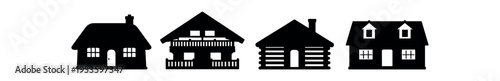 Four black solid house and cabin silhouette icons in a row