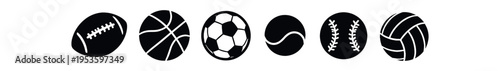 A row of seven black circular sports ball icons showing different ball types.
