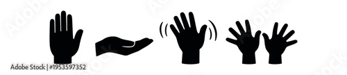 Black hand silhouette icons including open palm, offering hand, clapping motion and waving hands.