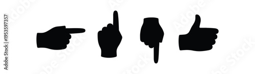 Black silhouette hand gesture icons including pointing left, index up, pointing down and thumbs up.