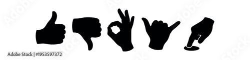 Row of hand gesture icons including thumbs up, thumbs down, okay, shaka and touch in silhouette and outline styles.