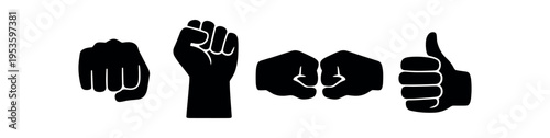 Row of black hand silhouettes showing fists, fist bump and a thumbs up gesture