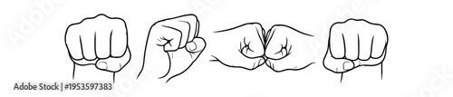 Fist punch hand gesture icon set. Clenched fist from different angles, power, fight symbol. Outline line vector illustration.