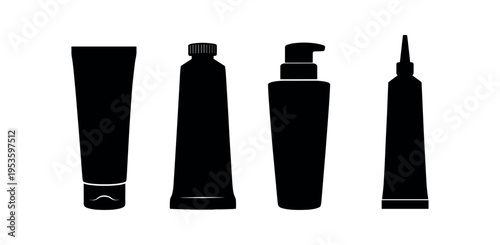 Four black silhouette cosmetic tubes and bottles including squeeze tube, cream tube, pump bottle, and nozzle tube