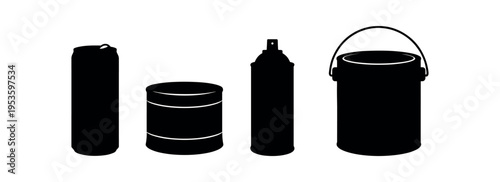 Four black silhouette containers including a spray can, tin can, aerosol can, and paint bucket with handle
