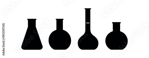 Four black silhouette laboratory flasks in varying rounded bottle shapes