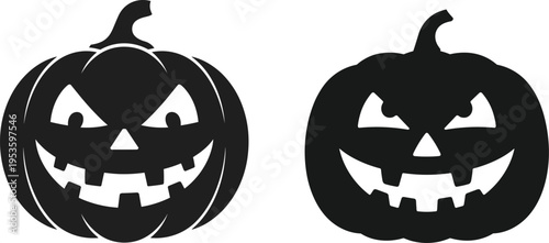 Halloween pumpkin silhouettes with spooky carved faces isolated black vector illustration set