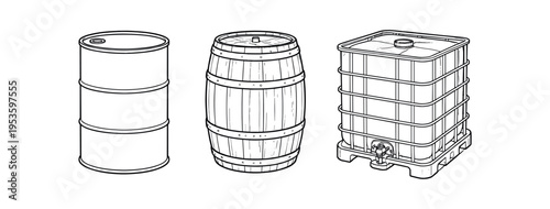 Black outline vector icons of a metal drum, wooden barrel, and ibc tote with pallet.