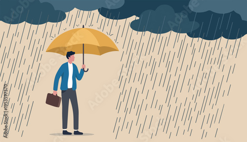 Mental health protection, depression anxiety control cure help, support mental too illness suffering concept, human head with self using umbrella to protect heavy raining or storm depression